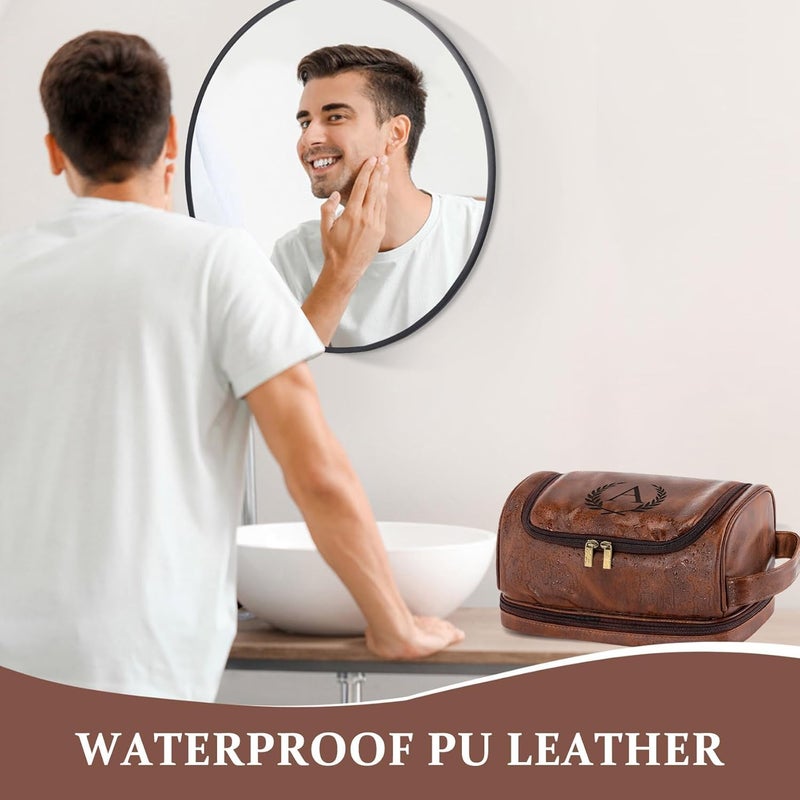 Aganmi Personalized Christmas Birthday Gifts Toiletry Bag for Men Dad Husband, Custom Initial PU Leather Waterproof Toiletry Organizer Dopp Kit Shaving Bag Travel Essential for Men, Reddish Brown J - Image 4